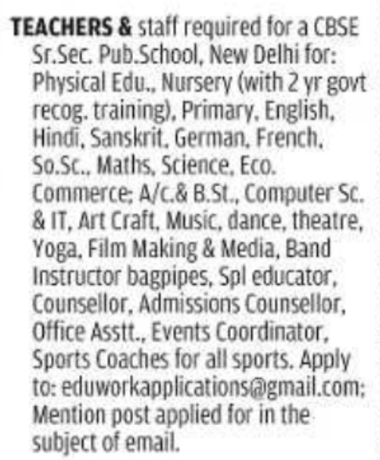 Job Opportunity: Multiple Faculty & Staff Positions at CBSE School, New Delhi