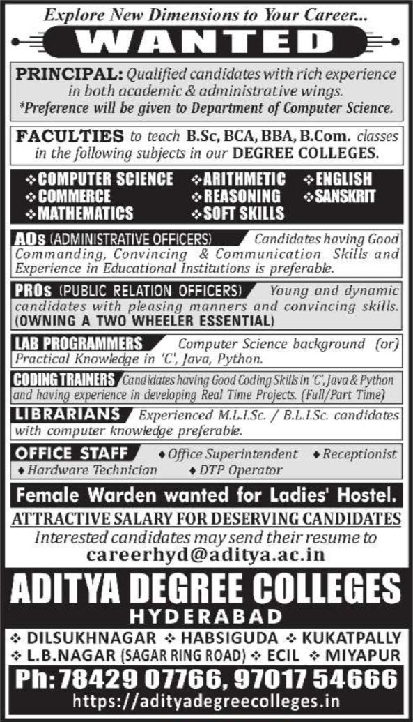 Job Opportunity: Multiple Positions Aditya Degree Colleges Hyderabad