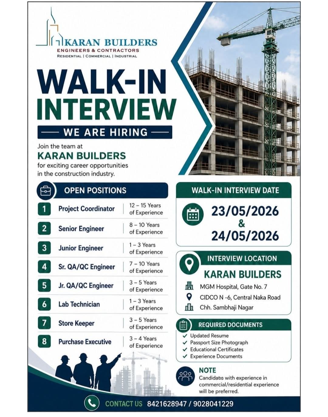 Job Opportunity: Multiple Positions at Karan Builders