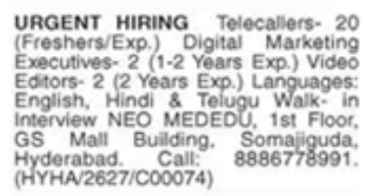Job Opportunity: Multiple Positions (NEO MEDEDU, Somajiguda)
