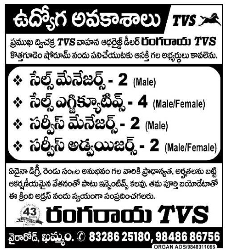 Job Opportunity: Multiple Positions (Rangaraya TVS)