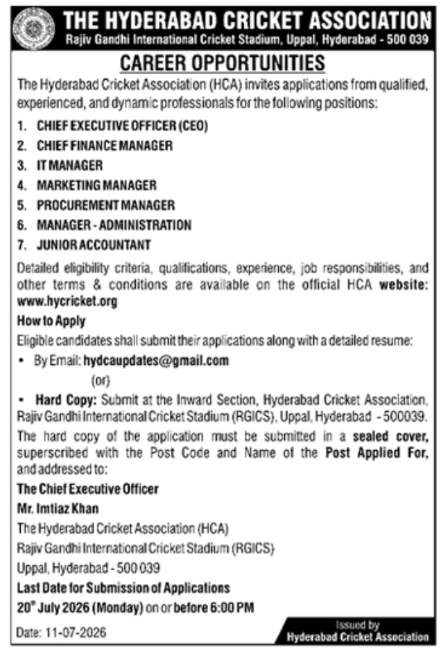 Job Opportunity: Multiple Positions (The Hyderabad Cricket Association)