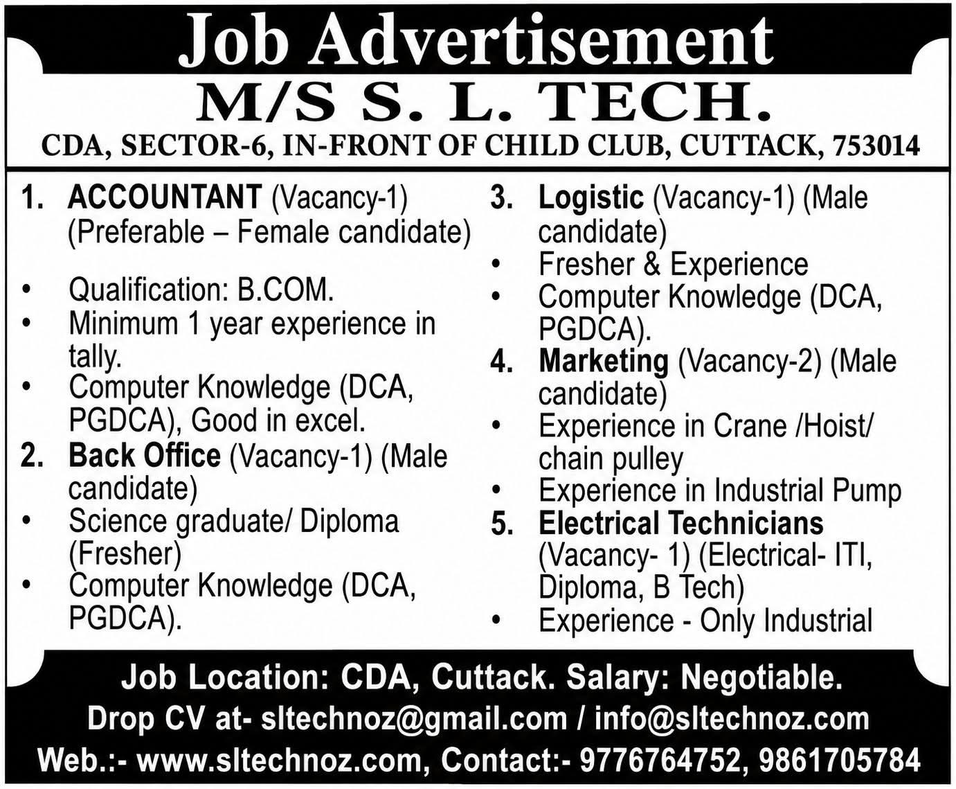 Job Opportunity: Multiple Roles at M/S S. L. TECH
