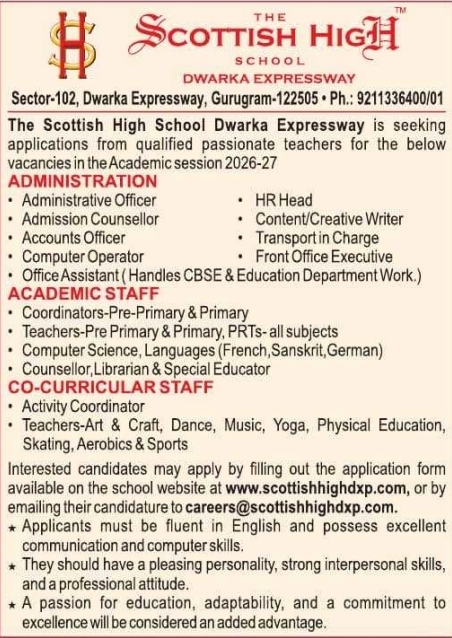 Job Opportunity: Multiple Staff Vacancies at The Scottish High School, Gurugram