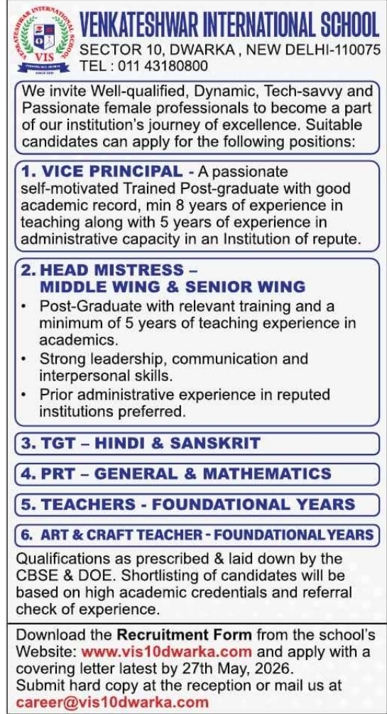 Job Opportunity: Multiple Staff Vacancies at Venkateshwar International School, Dwarka