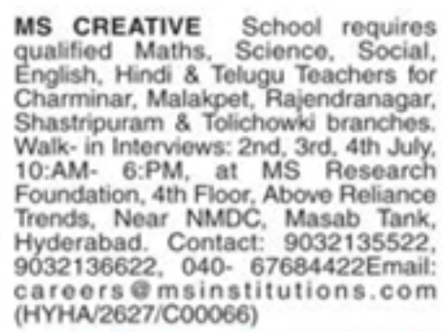 Job Opportunity: Multiple Teacher Roles at MS Creative School