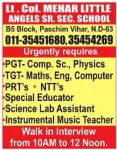 Job Opportunity: Multiple Teaching and Staff Roles at Lt. Col. Mehar Little Angels School
