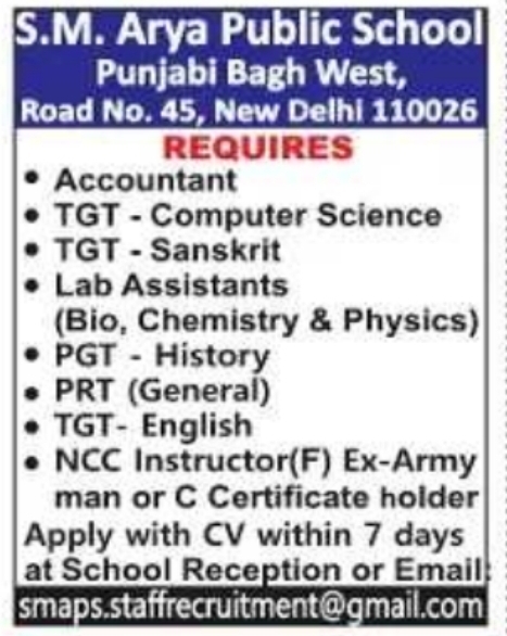 Job Opportunity: Multiple Teaching and Staff Roles at S.M. Arya Public School