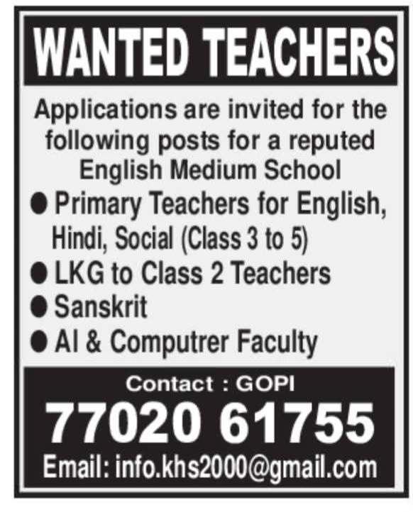 Job Opportunity: Multiple Teaching Roles at Reputed English Medium School