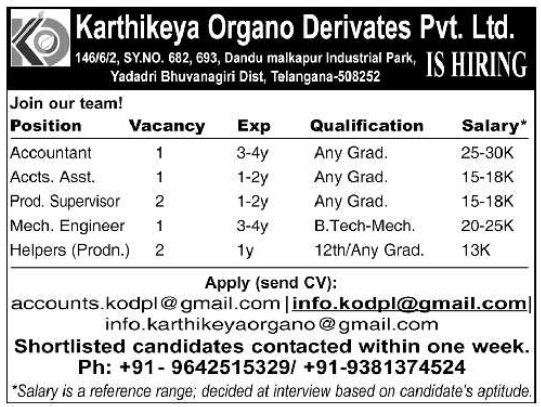 Job Opportunity: Multiple Vacancies at Karthikeya Organo Derivates Pvt. Ltd.