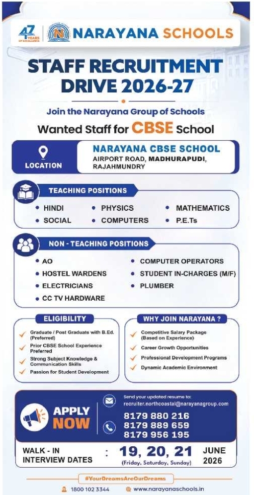 Job Opportunity: Narayana School Staff Recruitment Rajahmundry