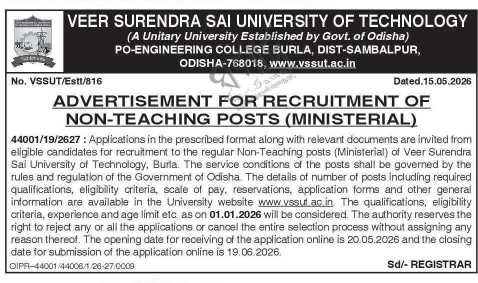 Job Opportunity: Non-Teaching Staff at VSSUT Burla