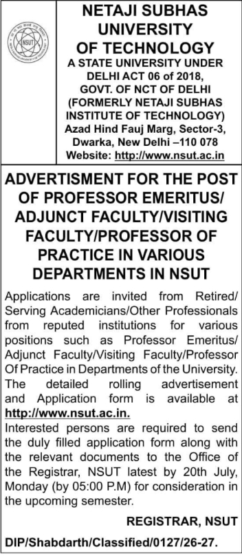 Job Opportunity: NSUT Faculty Recruitment