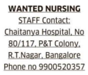 Job Opportunity: Nursing Staff at Chaitanya Hospital