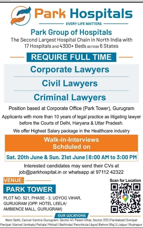 Job Opportunity: Park Group of Hospitals Full-Time Lawyers Recruitment