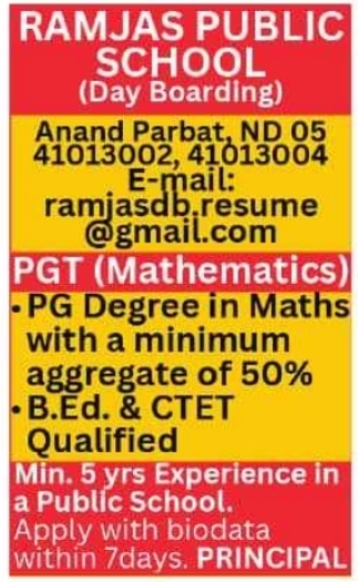 Job Opportunity: PGT Mathematics Recruitment at Ramjas Public School