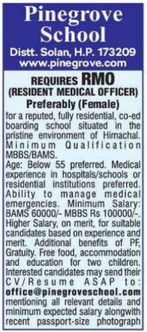 Job Opportunity: Pinegrove School Resident Medical Officer
