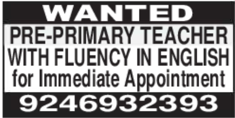 Job Opportunity: Pre-Primary Teacher for Immediate Appointment