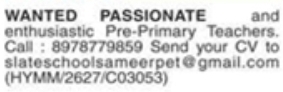Job Opportunity: Pre-Primary Teachers at Slate School Shameerpet