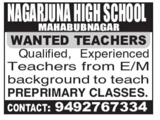 Job Opportunity: Pre-Primary Teaching Roles at Nagarjuna High School