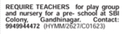 Job Opportunity: Pre-School Teachers at Gandhinagar