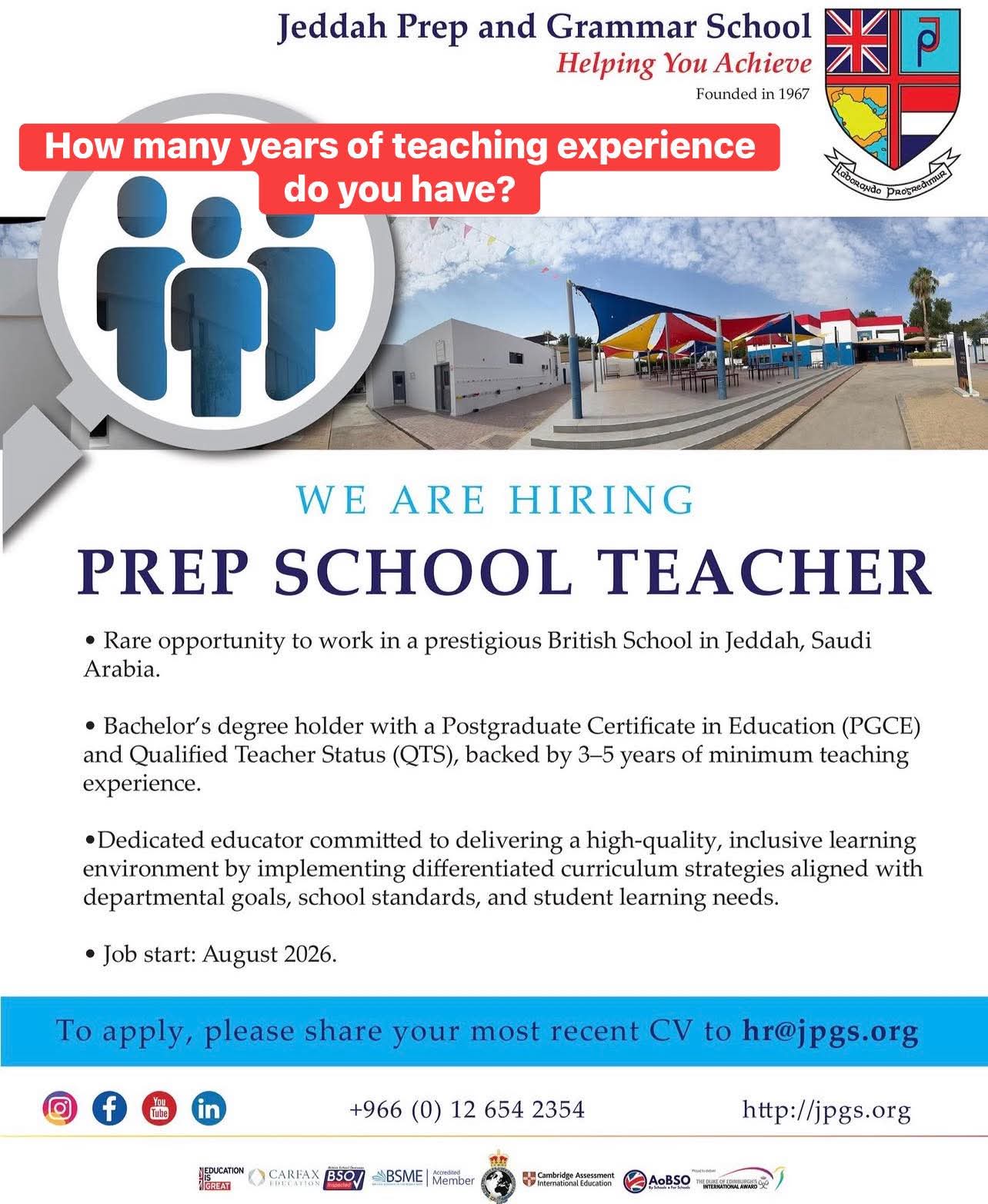 Job Opportunity: Prep School Teacher at Jeddah Prep and Grammar School