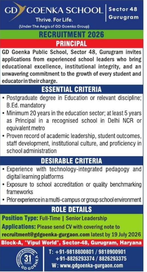 Job Opportunity: Principal Recruitment at GD Goenka School, Gurugram