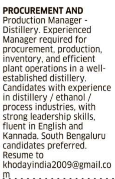 Job Opportunity: Procurement and Production Manager, Distillery