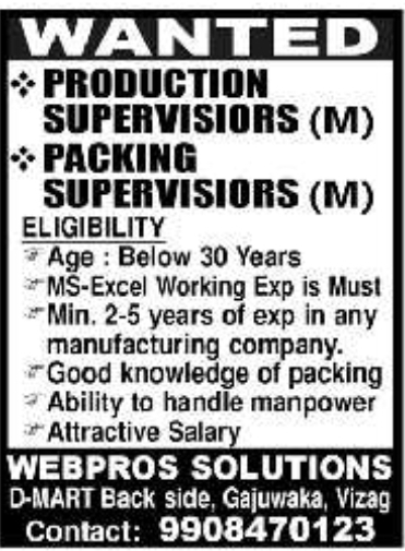 Job Opportunity: Production & Packing Supervisors