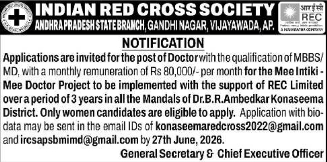 Job Opportunity: Project Doctors Indian Red Cross Society AP