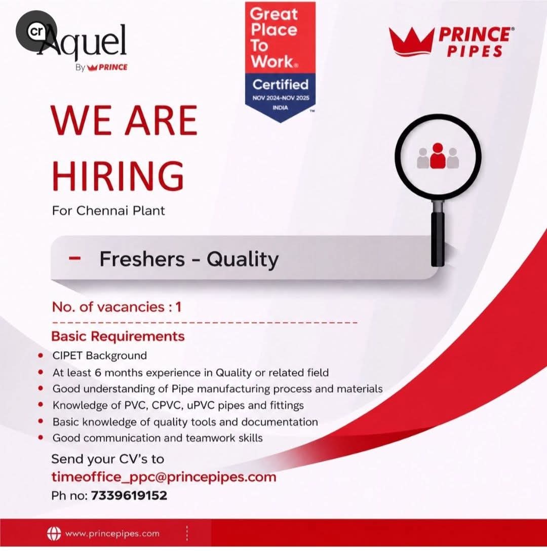 Job Opportunity: Quality Freshers at Prince Pipes