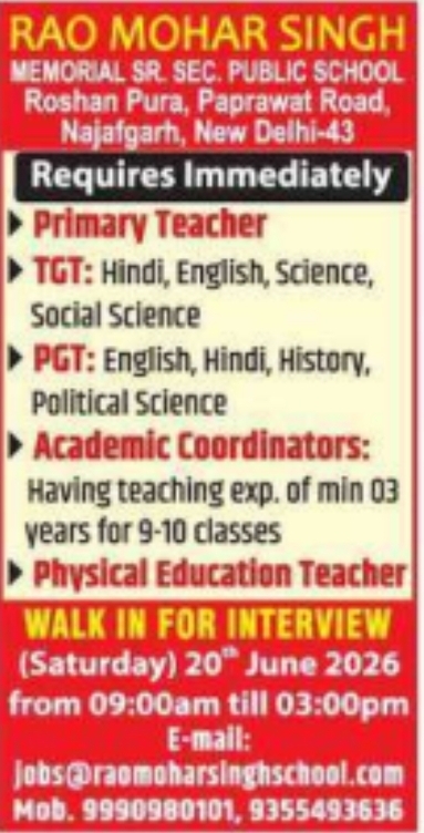 Job Opportunity: Rao Mohar Singh School Walk-In Interviews