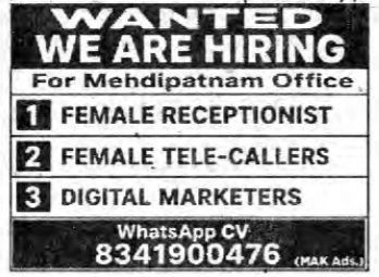 Job Opportunity: Receptionist, Tele-Callers and Digital Marketers