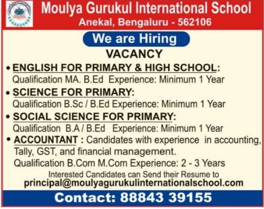 Job Opportunity: Recruitment at Moulya Gurukul International School, Bengaluru