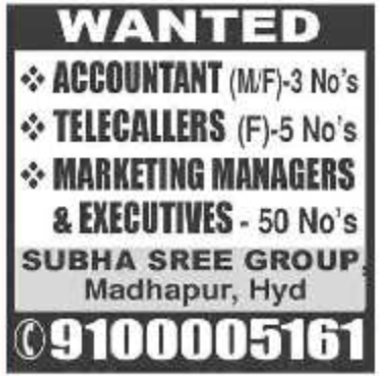 Job Opportunity: Recruitment of Multiple Personnel at Subha Sree Group