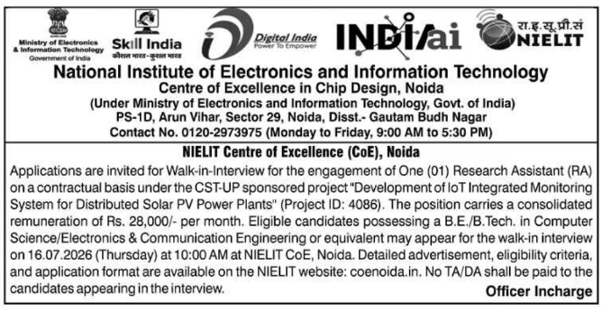 Job Opportunity: Research Assistant at NIELIT CoE, Noida