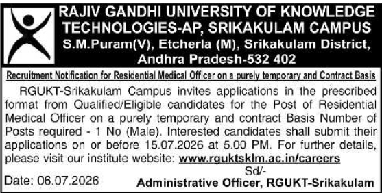 Job Opportunity: Residential Medical Officer Recruitment at RGUKT Srikakulam