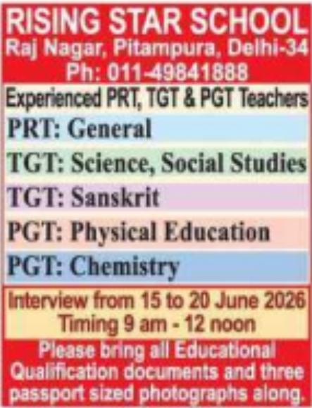 Job Opportunity: Rising Star School Teacher Walk-In Interviews