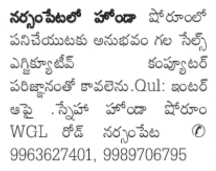 Job Opportunity: Sales Executive (Narsampet)