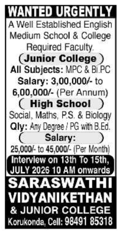 Job Opportunity: School & Junior College Faculty