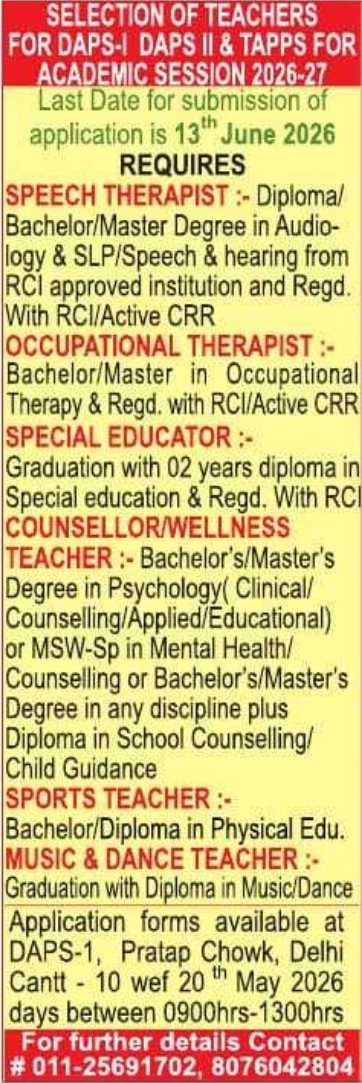 Job Opportunity: Selection of Teachers - DAPS-I, DAPS II & TAPPS