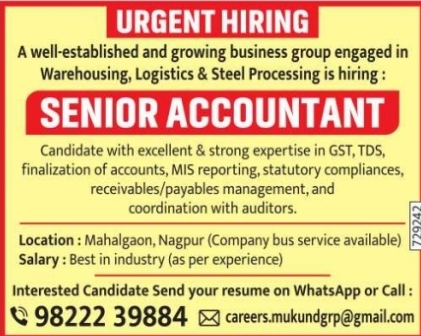 Job Opportunity: Senior Accountant Recruitment at Mukund Group