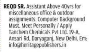Job Opportunity: Senior Assistant at Tanchem Chemicals, New Delhi