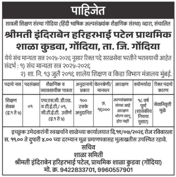 Job Opportunity: Shikshan Sevak Walk-In Interview at Smt. Indiraben Hariharbhai Patel Primary School, Gondia