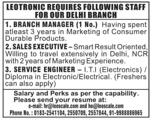 Job Opportunity: Staff Recruitment at Leotronic Delhi Branch