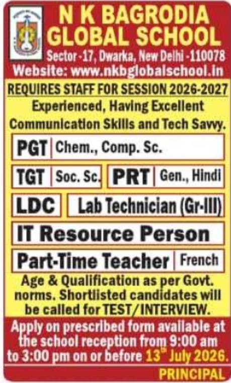 Job Opportunity: Staff Recruitment at N K Bagrodia Global School