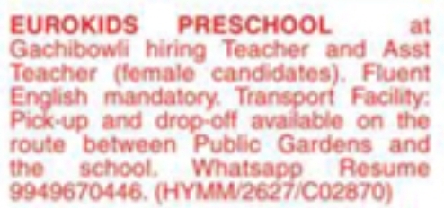 Job Opportunity: Teacher and Assistant Teacher Roles at EuroKids Preschool