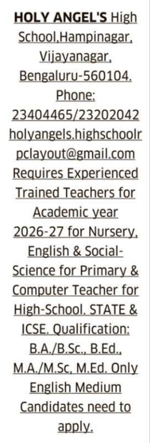 Job Opportunity: Teacher Recruitment at Holy Angel's High School, Bengaluru