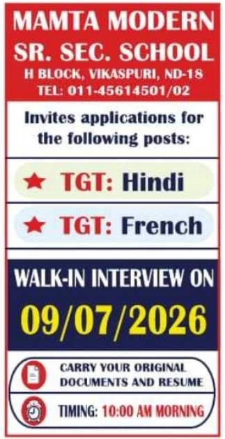 Job Opportunity: Teacher Walk-In Interview at Mamta Modern School