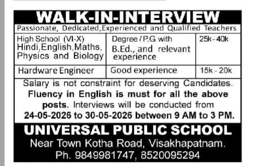 Job Opportunity: Teaching & Hardware Engineer Roles at Universal Public School
